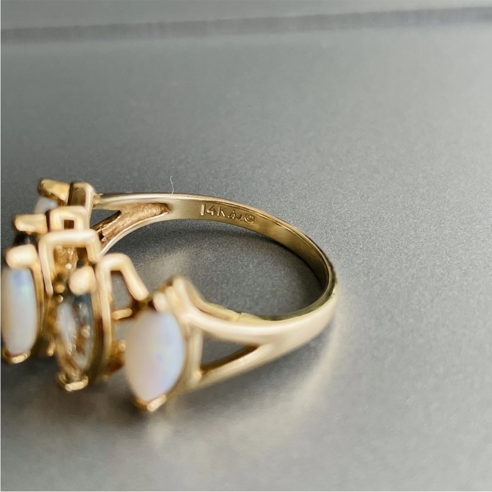14K Gold Opal & Blue Topaz Marquise Cut Channel Ring - Picture 5 of 11